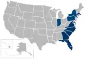 The all-sports ACC as it existed in 2013–14, after the additions of Syracuse and Pitt for all sports including football, and Notre Dame for non-football sports