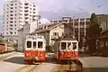 Two railcars at Monthey in 1979.  The terminus is now located further out of the town