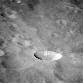 Oblique view of Mandelʹshtam F from Apollo 11.  Mandelʹshtam F lies to the east of Mandelʹshtam itself and is adjacent to the larger but less obvious Mandelʹshtam G.