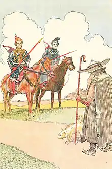 Drawing of two men on horses.