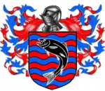 A coat of arms showing a black fish on field of rippling red and blue