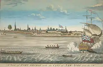 A painting of a ship firing its cannons in a harbor