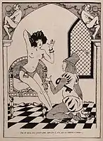 A young man has trouble in finding the right key to fit the padlock on the woman's chastity belt