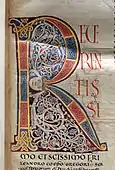 Illuminatied R in a Medieval Italian manuscript, circa 1150