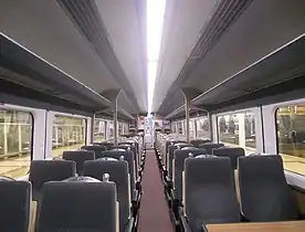 The interior of a Greater Anglia refurbished Mark 3 Standard Class with original InterCity 70 seats