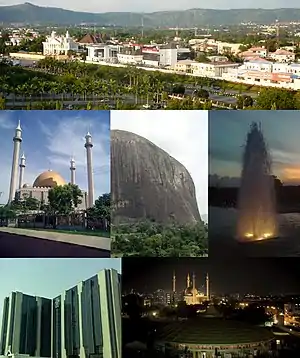 From top (L–R): View of a street in Maitama, Abuja National Mosque, Zuma Rock, fountain in Millennium Park, Central Bank headquarters, and nighttime skyline of Central Business District
