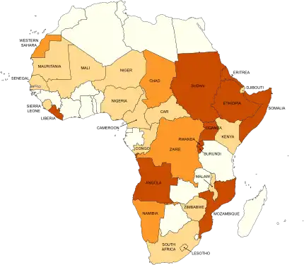 Africa's wars and conflicts, 1980–96.mw-parser-output .legend{page-break-inside:avoid;break-inside:avoid-column}.mw-parser-output .legend-color{display:inline-block;min-width:1.25em;height:1.25em;line-height:1.25;margin:1px 0;text-align:center;border:1px solid black;background-color:transparent;color:black}.mw-parser-output .legend-text{}&nbsp;&nbsp;Major Wars/Conflict (>100,000 casualties).mw-parser-output .legend{page-break-inside:avoid;break-inside:avoid-column}.mw-parser-output .legend-color{display:inline-block;min-width:1.25em;height:1.25em;line-height:1.25;margin:1px 0;text-align:center;border:1px solid black;background-color:transparent;color:black}.mw-parser-output .legend-text{}&nbsp;&nbsp;Minor Wars/Conflict.mw-parser-output .legend{page-break-inside:avoid;break-inside:avoid-column}.mw-parser-output .legend-color{display:inline-block;min-width:1.25em;height:1.25em;line-height:1.25;margin:1px 0;text-align:center;border:1px solid black;background-color:transparent;color:black}.mw-parser-output .legend-text{}&nbsp;&nbsp;Other Conflicts