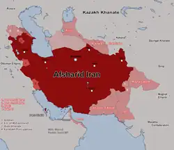 The Afsharid Empire at its greatest extent in 1741–1745 under Nader Shah