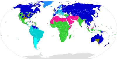 Map of the world's countries, with countries colored by age of consent