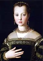 A portrait usually identified as Maria de' Medici, daughter of Cosimo I de' Medici, Grand Duke of Tuscany, who died at the age of seventeen. She was painted by Bronzino when she was eleven. One critic proposed that the portrait is of Maria's younger half-sister Virginia de' Medici.