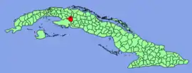 Agramonte (black dot) within the  municipality of Jagüey Grande (red) and Cuba