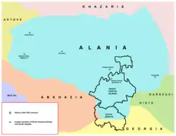 Map of Alania during the 9th-12th centuries, according to Ossetian historian Ruslan S. Bzarov.