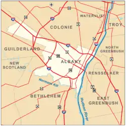 Map shows Albany on the west bank of the Hudson, surrounded by the towns of Colonie, Guilderland, and Bethlehem. Roads are also shown. Interstates 90, 87, and 787 pass through the city boundaries.
