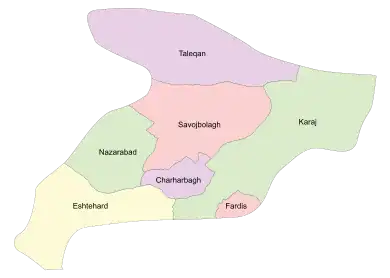 Location of Fardis County in Alborz province (bottom,&nbsp;pink)