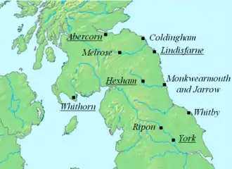 Map of Northumbria, showing the bishopric of Whithorn on the west coast, Abercorn on the north coast, Lindisfarn on the northeast coast and york in the south. The bishopric of Hexham is in the centre. The abbey of Ripon is between York and Hexham and Whitby is on the coast south of Lindisfarne.