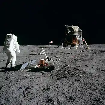 Image 10Tranquility BasePhotograph credit: Neil ArmstrongTranquility Base is the landing site of the Apollo 11 mission on the Moon where, on July 20, 1969, humans first landed and walked on a celestial body other than the Earth. This photograph was taken at Tranquility Base by Neil Armstrong, the Apollo 11 commander, and depicts crewmember Buzz Aldrin with scientific equipment he had just deployed on the lunar surface. In the background on the right of the image is the lunar module, Eagle; the United States flag planted at the site during the mission was blown over the next day by the exhaust of the ascent rocket.More selected pictures