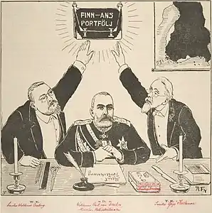 Political cartoon by Alex Federley in 1891, von Daehn criticized by senators for having given in to signing the 1890 Postal Manifest&nbsp;[fi] by Alexander III
