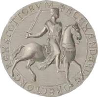 Reverse side of the circular seal used by Alexander the Second, showing the King, in full armour, seated on horseback. The upright Lion symbol is shown upon both the saddle and the shield held by the King.