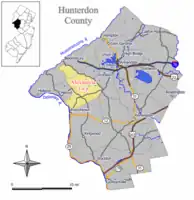 Map of Alexandria Township in Hunterdon County. Inset: Location of Hunterdon County in the State of New Jersey.