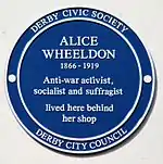 Blue Plaque on the building where Alice Wheeldon lived