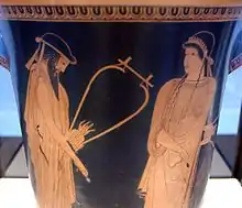 Alcaeus and Sappho holding their lyres and plectra. Attic red-figure calathus, ca. 470&nbsp;BC, Staatliche Antikensammlungen (Inv. 2416)