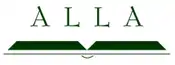A book open flat with the letters A L L A on top of it. Green on white