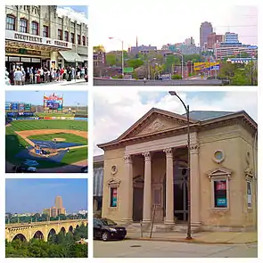 Clockwise from top left: Civic Theatre of Allentown, Allentown skyline, Allentown Art Museum, Albertus L. Meyers Bridge, and Coca-Cola Park