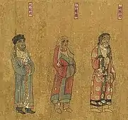 Ambassadors from Kabadiyan (阿跋檀), Balkh (白題國) and Kumedh (胡密丹), visiting the court of the Tang Dynasty. The Gathering of Kings (王会图), circa 650 CE
