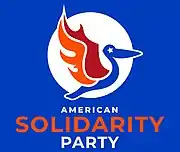 The logo is of an east-facing pelican with a blue body, red and orange flame-shaped wings, and a five-pointed star for an eye, in front of a white circle. Below it is a three-tiered, white word mark with emphasis on the word “solidarity” in orange, the word being larger than the rest.