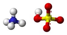 Ball-and-stick model of an ammonium cation (left) and a bisulfite anion (right)