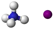 ball-and-stick model of an ammonium cation (left) and an iodide anion (right)