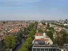 Taken from the top of the Westerkerk church, this image shows the Prinsengracht canal and the rooftops of the buildings in the neighborhood