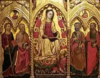 Madonna enthroned with angels and apostles, including Thomas and the girdle in the centre panel