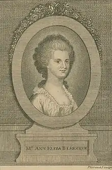 Engraving from frontispiece of Posthumous Works, published 1793 by her daughter Margaretta V. Fuageres