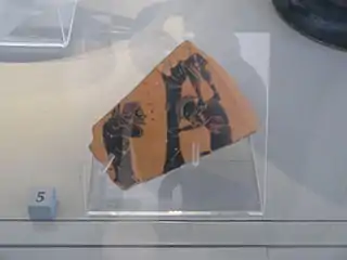 Warriors leaving the Trojan Horse, fragment of an attic black-figure krater from Orbetello (Italy), ca. 540 BC