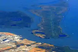 An aerial photo of two islands.