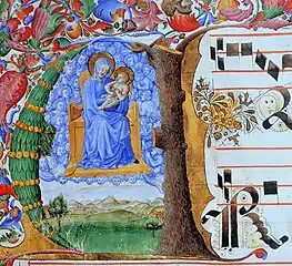 Antiphonary III; The Madonna and Child enthroned in the angelic Host (ca. 1442) Tempera, gold, and ink on vellum (15 x 14.5&nbsp;cm.) Biblioteca Comunale degli Intronati, Siena