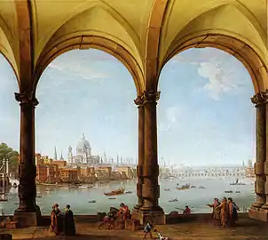 St Paul's viewed from a loggia, a capriccio (c. 1748) by Antonio Joli  who also worked in Venice.