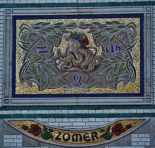 Mosaic which portrays summer as a woman, with a Byzantine Revival golden background, in Antwerp, Belgium