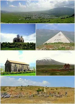 From top left:Aparan skyline with Mount Aragats to the rightBattle of Abaran memorial • Mausoleum of DroKasagh Basilica • Altar of Hope and Mount AraArmenian alphabet park
