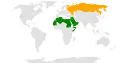 Map indicating locations of Russia and Arab League