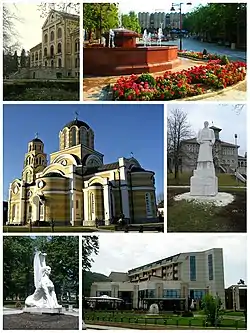 Aranđelovac- collage of image (Prince Mihailo's summer residence, The Main Square in Aranđelovac, Orthodox Church of the Holy Apostles Peter and Paul in Aranđelovac, Monument of Karađorđe in front of school in Orašac near Aranđelovac, Monument of sphinx in the park of Bukovička Banja Spa, Hotel ,,Source")