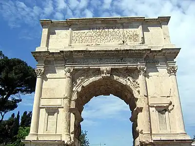 The Arch of Titus in Rome, an early Roman imperial triumphal arch with a single archway, built c. 81 AD by Emperor Domitian to commemorate his brother Titus's victory together with their father, Vespasian, over the Jewish rebellion in Judaea