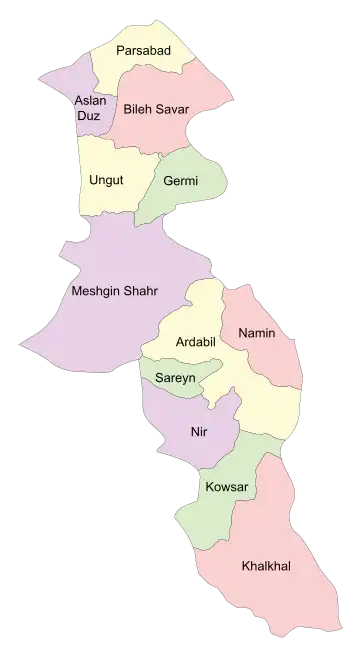 Location of Ardabil County in Ardabil province (center, yellow)