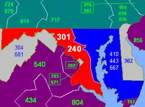 area codes 240 and 301 possibly 308. These numbers are related to the main zip codes of Maryland.
