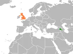 Map indicating locations of Armenia and United Kingdom