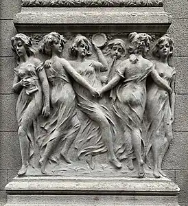 Relief designed by architect Alfred Popper, on the facade of the Fanny and Isac Popper House (Strada Sfinților no. 1) in Bucharest, Romania (1914)