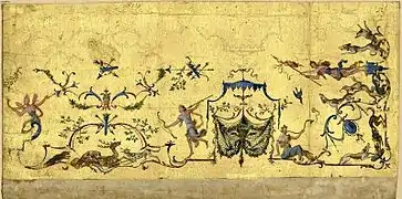 Arabesques on gold background by Claude Audran III, circa 1700. Archives des Arts décoratifs de Paris, inv. 5482 A. For the Ménagerie de Versailles or the apartment of the Dauphin at Meudon