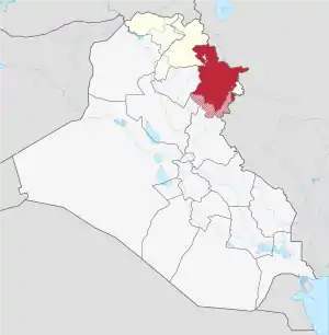 Location of&nbsp;the&nbsp;Sulaymaniyah Governorate&nbsp;(red)–&nbsp;in Iraq&nbsp;(red, beige & light grey)–&nbsp;in the Kurdistan Region&nbsp;&nbsp;(red & beige)