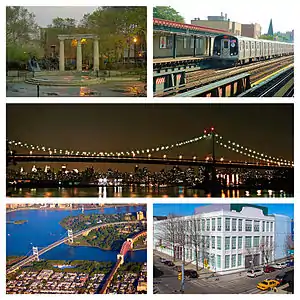 Clockwise from top left: Athens Square; 30th Avenue station; Robert F. Kennedy Bridge; Kaufman Astoria Studios; Astoria Park and Randalls and Wards Islands